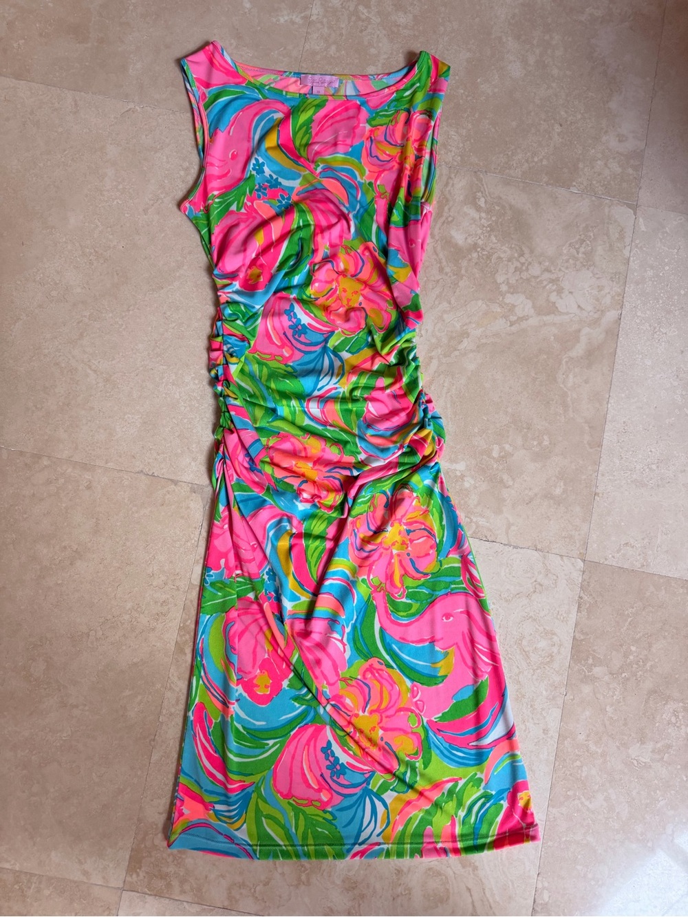 Lilly Pulitzer Pink Green Blue Floral Ruched Midi Dress - XS